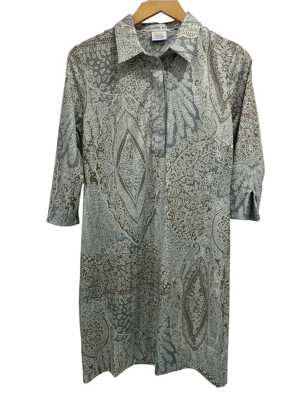 Gretchen Scott Shirtdress Print 3/4 Sleeve Tunic Dress - Gray Paisley Medallion